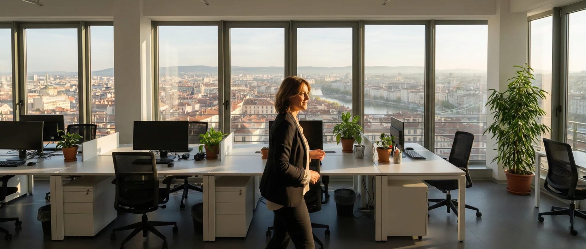 Une femme en tenue professionnelle traverse un plateau de bureaux baigné de lumière, avec vue sur la ville