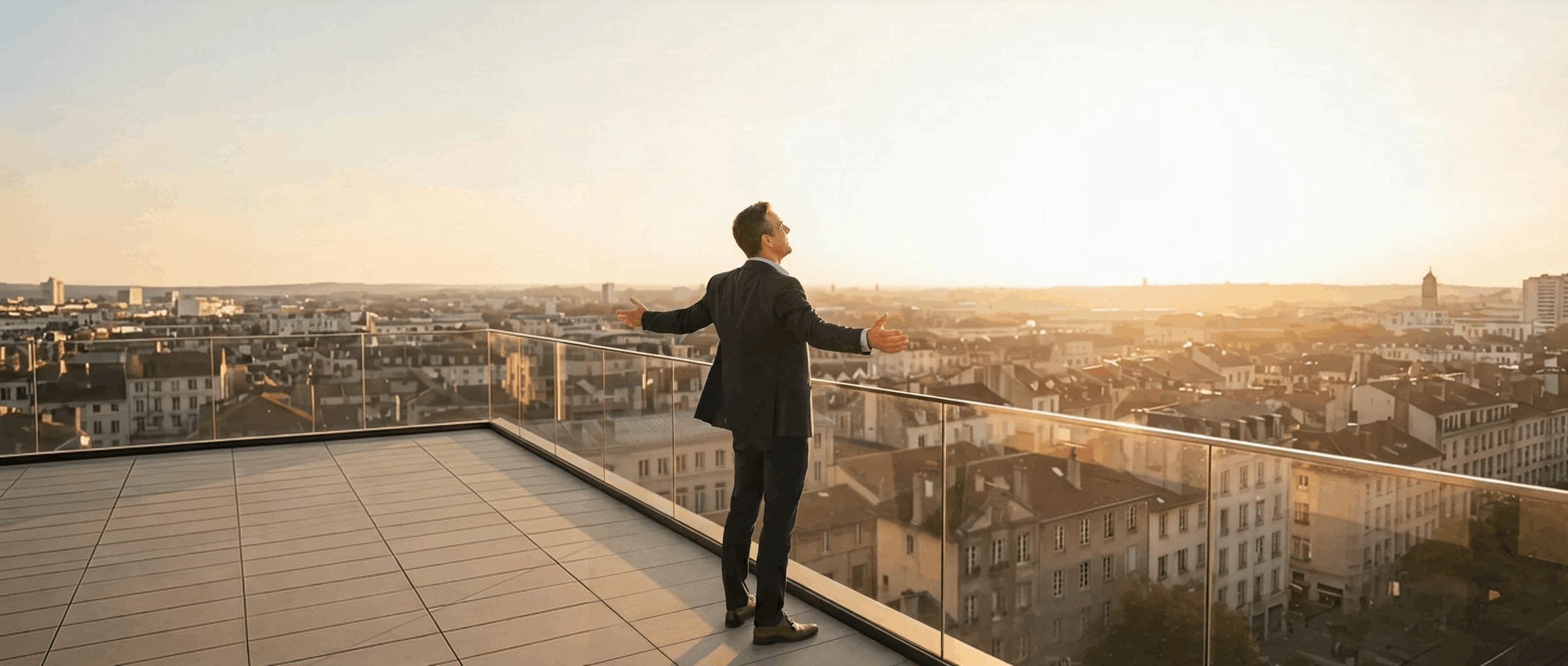 Un homme en costume, bras ouverts, sur un toit-terrasse face à la ville au lever du soleil